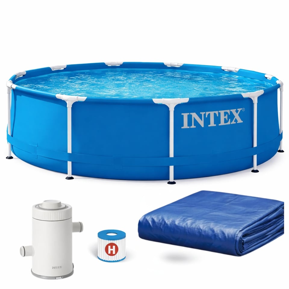 image 1 of 4-in-1 Intex 10 ft x 30in Metal Frame Pool Set with Filter Cartridge, Pump Pool Cover