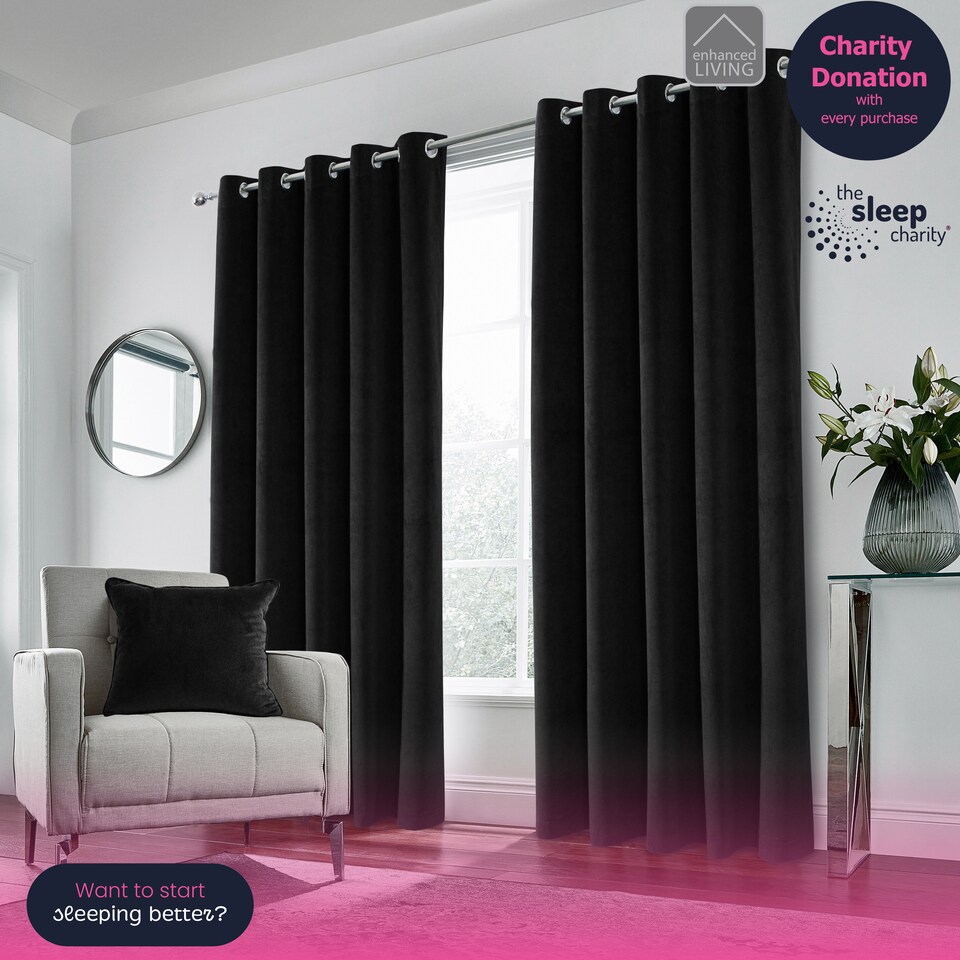 image 1 of Luxury Enhanced Living Black Velvet, Supersoft, Blackout, Thermal Pair of Curtains with Eyelet Top - 90 x 72 inch (229x183cm)