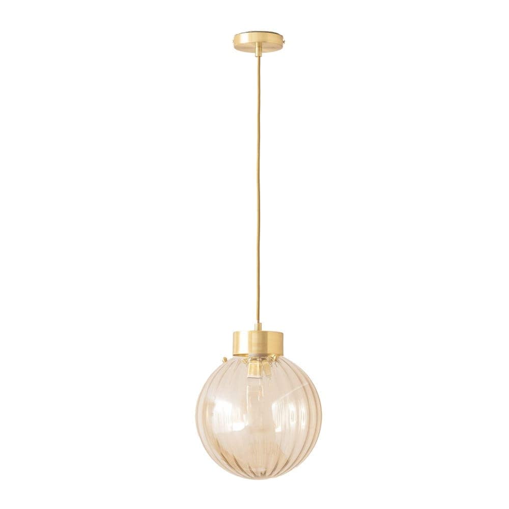ValueLights Chessy Ribbed Glass Globe Brushed Gold Capped Ceiling Pendant Light in Amber