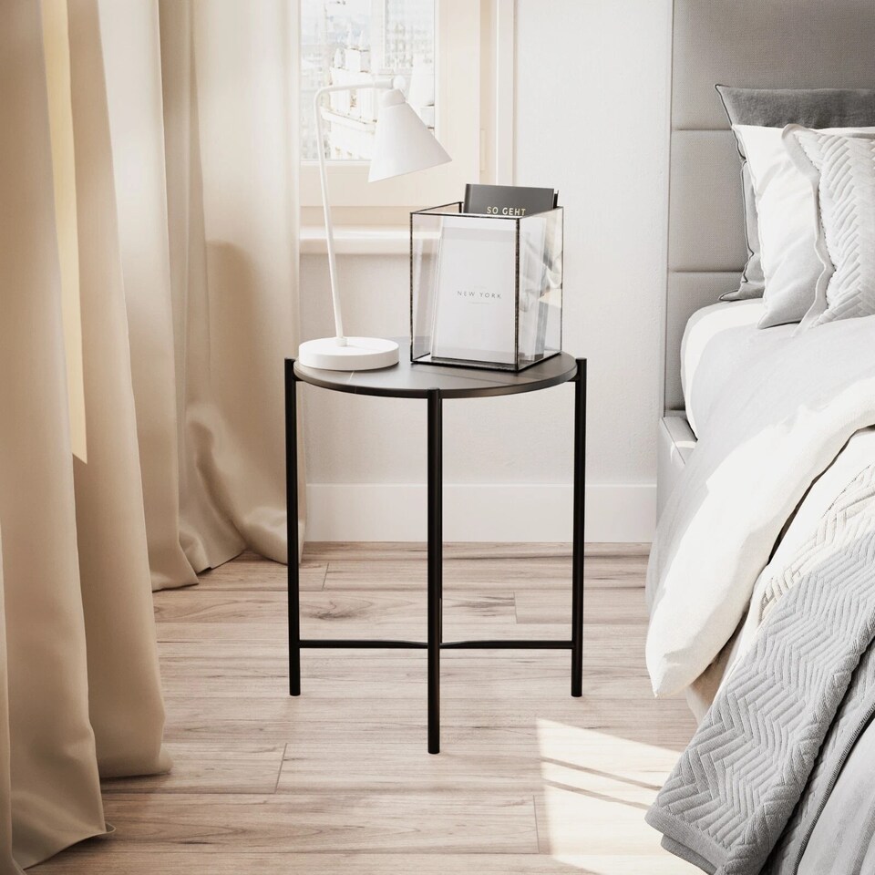 image 1 of Set of 2 Pcs Marble Effect Tops Square Round Side End Coffee Table Metal Frame | Black | Black Round | 1