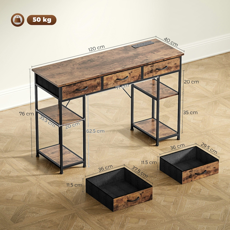 image 1 of HOMCOM Computer Writing Desk with Power Outlets, Drawers, Shelves, Brown Brown | Rustic Brown