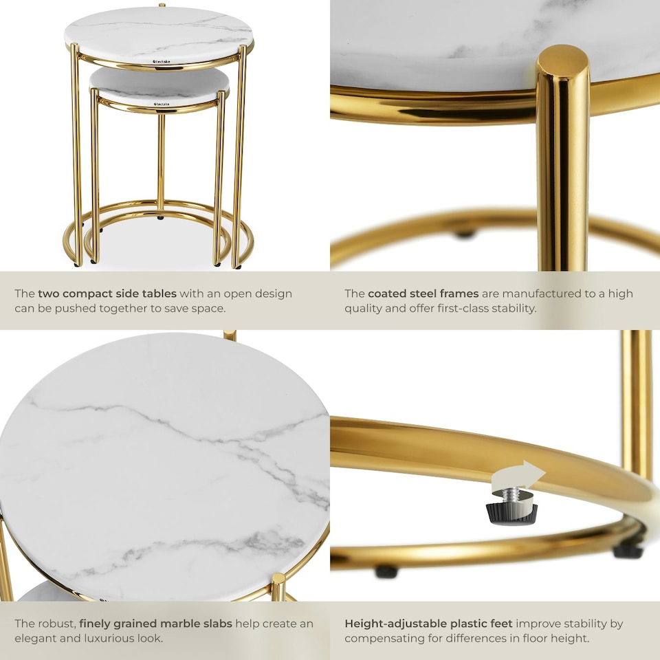 image 1 of Side Table Ellsa - marble top, steel frame, elegant design - Set of 2 | White | Gold