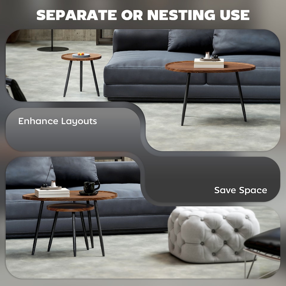 image 1 of HOMCOM Nesting Coffee Table Set of 2, 80cm Modern Stacking End Side Table with Metal Legs for Living Room Bedroom Office, Chestnut Wood Effect