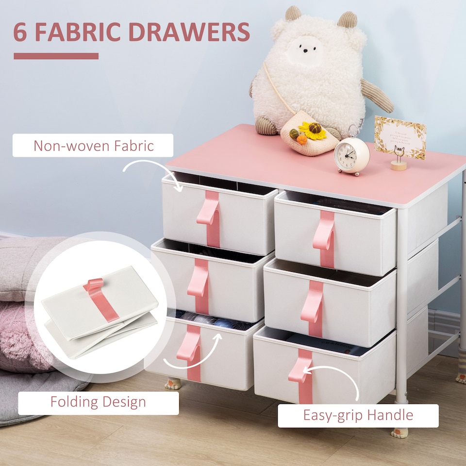 image 1 of HOMCOM Chest of Drawers, Cloth Organizer Unit with 6 Fabric Drawers, Metal Frame and Wooden Top, Storage Cabinet for Kids Room, Living Room, Closet, Hallway, Pink