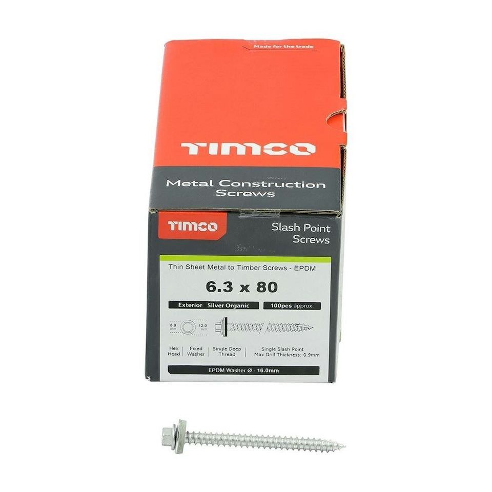 image 1 of Timco - Metal Construction Thin Sheet Metal to Timber Screws - Hex - EPDM Washer - Slash Point - Exterior - Silver Organic (Size 6.3 x 80 - 100 Pieces)