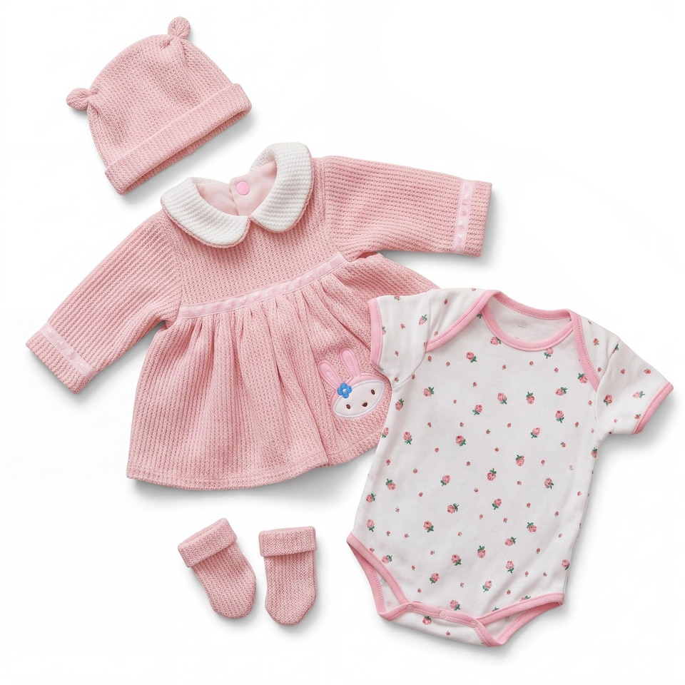 image 1 of BiBi Doll Reborn Baby Girl Clothes Set Pink Bunny Dress Outfit for 20 inch Dolls