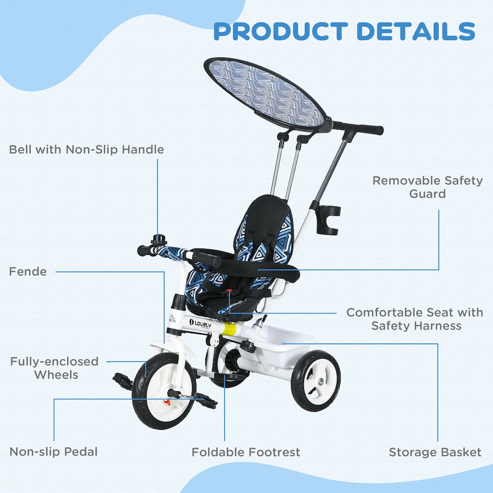 image 1 of HOMCOM Trike, 6 in 1 Tricycle for Kids, Baby Trike with Push Handle, Removable Canopy, 5-Point Seat Harness, Storage Basket, for 18Months -5 Years, Blue