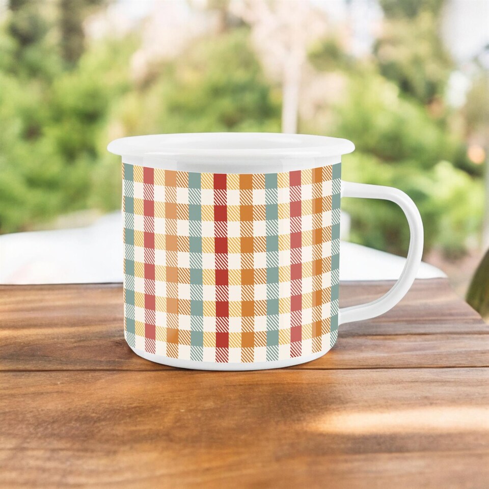 image 1 of Multi Colour Gingham Print Enamel Mug