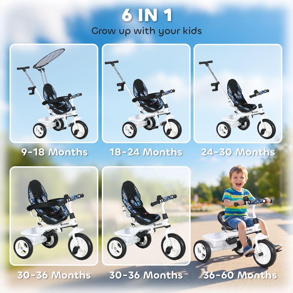 image 1 of HOMCOM 6 in 1 Kids Tricycle w/ Removable Handle for 1.5+ year, Blue