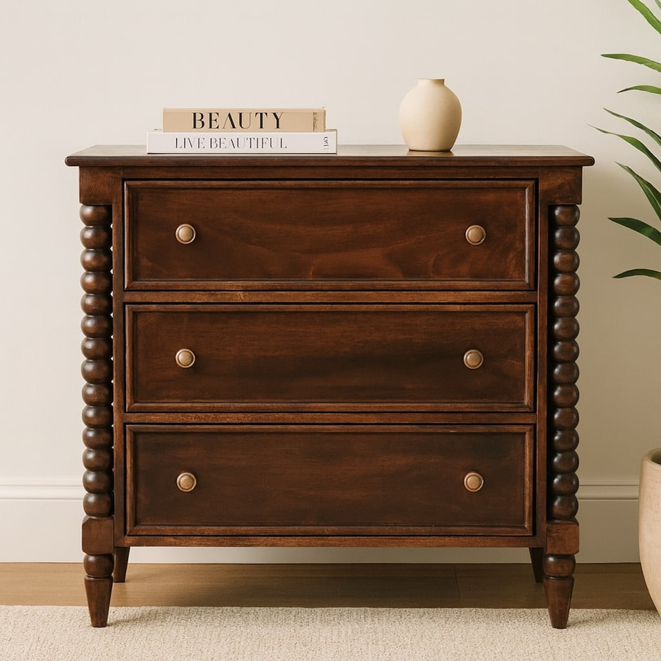 image 1 of Artisan Furniture Solid Wood Spindle Winewood Chest, Brown,3 Drawers