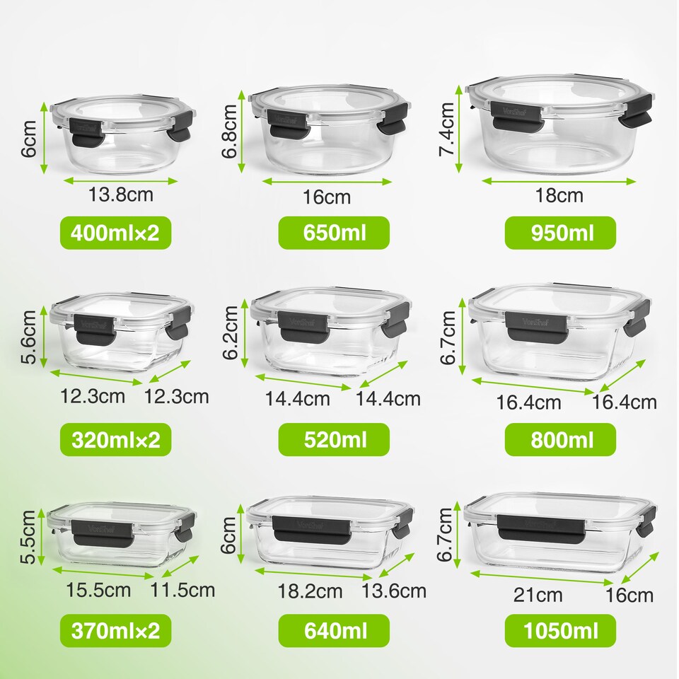 image 1 of VonShef 12Pc Glass Containers with Lids (320ml to 1L Capacities)