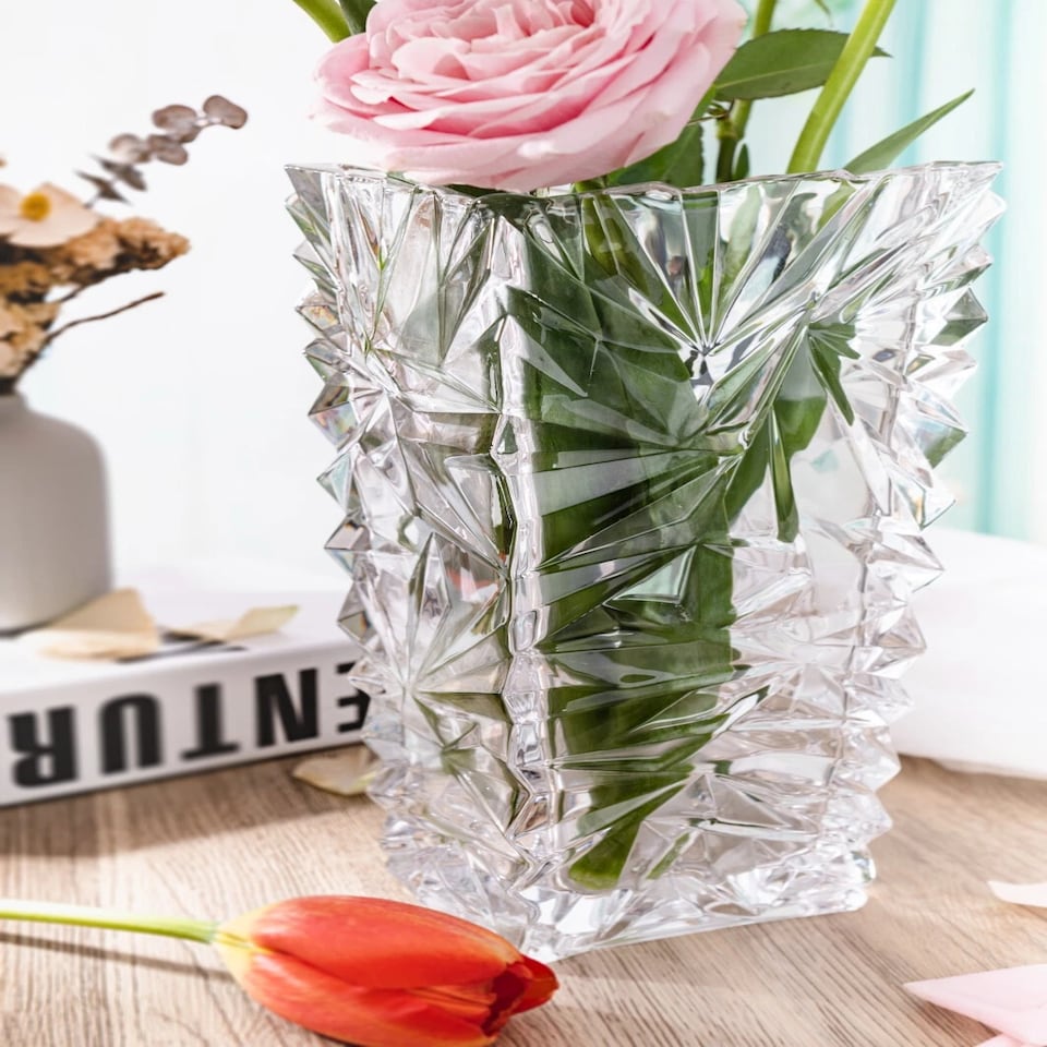 image 1 of Crystal Look Heavy Glass Bouquet Flower Vase Holder Home Table Elegant Decor | Clear | Rio