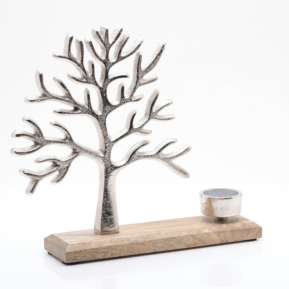 image 1 of Tree of Life Metal & Wood Tea Light Holder Silver