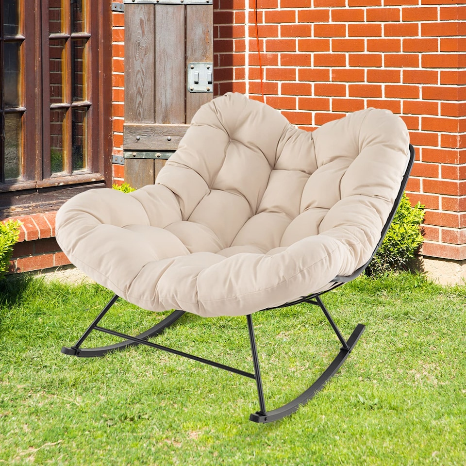 image 1 of COSTWAY Indoor Outdoor Rocking Chair Oversized Egg Papasan Chair-Beige