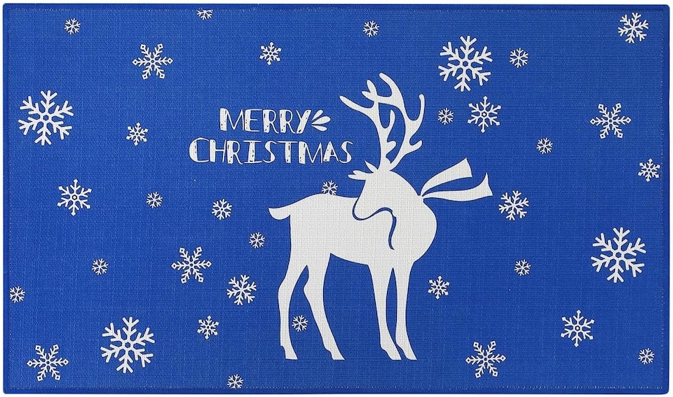 image 1 of London Boutique Christmas Doormat with Snowflake and Reindeer Print, Blue, 50 x 80 cm
