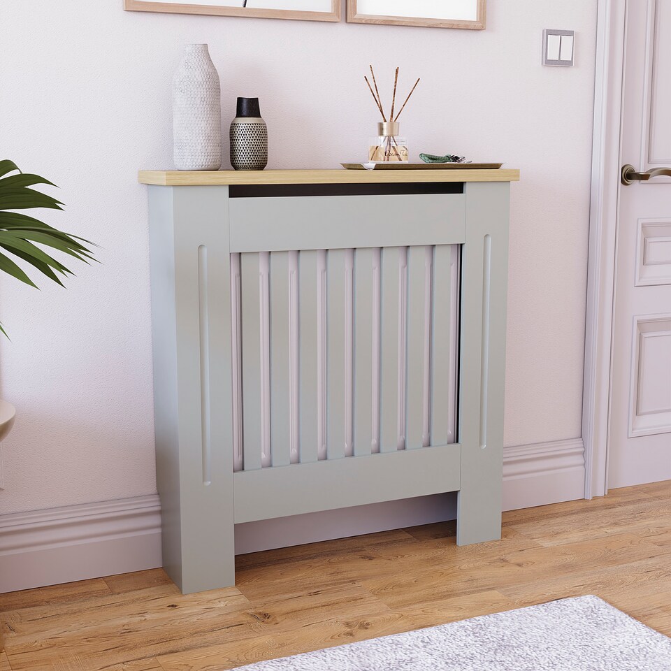 image 1 of Vida Designs Arlington Radiator Cover Painted MDF Slatted Cabinet, Grey, 78cm