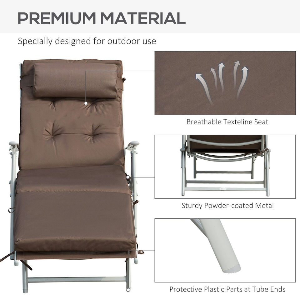 image 1 of Outsunny Sun Lounger Recliner Foldable Padded Seat Adjustable Texteline Brown