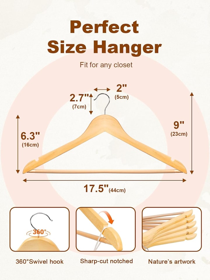 image 1 of Dyzi 20 Pack Wooden Clothes Hangers With Non Slip Bar