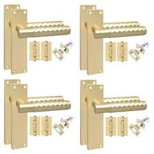 Golden Grace 4 Pairs Victorian Design Knurled Diamond Cut Door Handle Internal Pack Satin Brass - Bathroom and Lock Set with Hinges - 150mm x 40mm