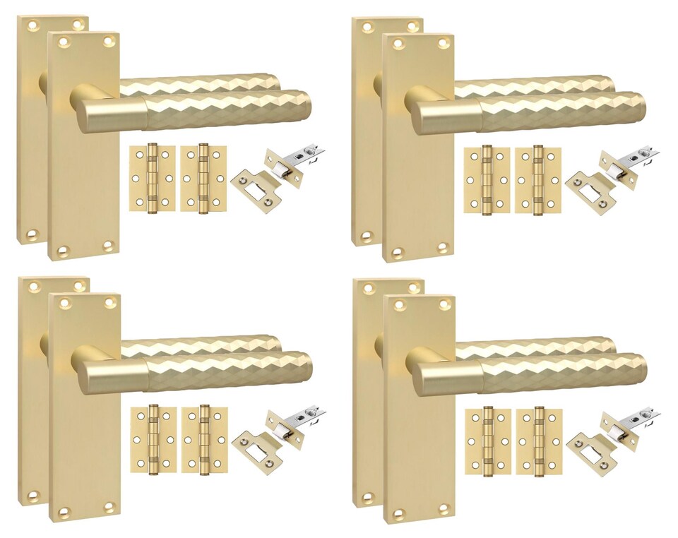 image 1 of Golden Grace 4 Pairs Victorian Design Knurled Diamond Cut Door Handle Internal Pack Satin Brass - Bathroom and Lock Set with Hinges - 150mm x 40mm