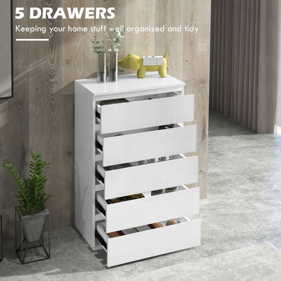 image 1 of HOMCOM Bedroom Chest of Drawers, High Gloss 5 Drawers Dresser, Grey