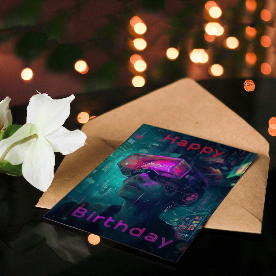 image 1 of Cyberpunk Woman Gamer VR Neon For Him Birthday Card