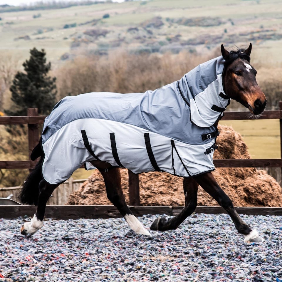 image 1 of eQuitack 600D 2 in 1 Waterproof Fly Turnout Mesh Horse Rug Fixed Neck Grey/Silver 5'9''