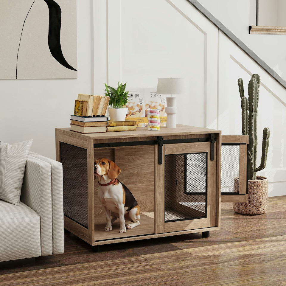 image 1 of PawHut Dog Crate Furniture w/ Sliding Door, for Medium Dogs, Brown 