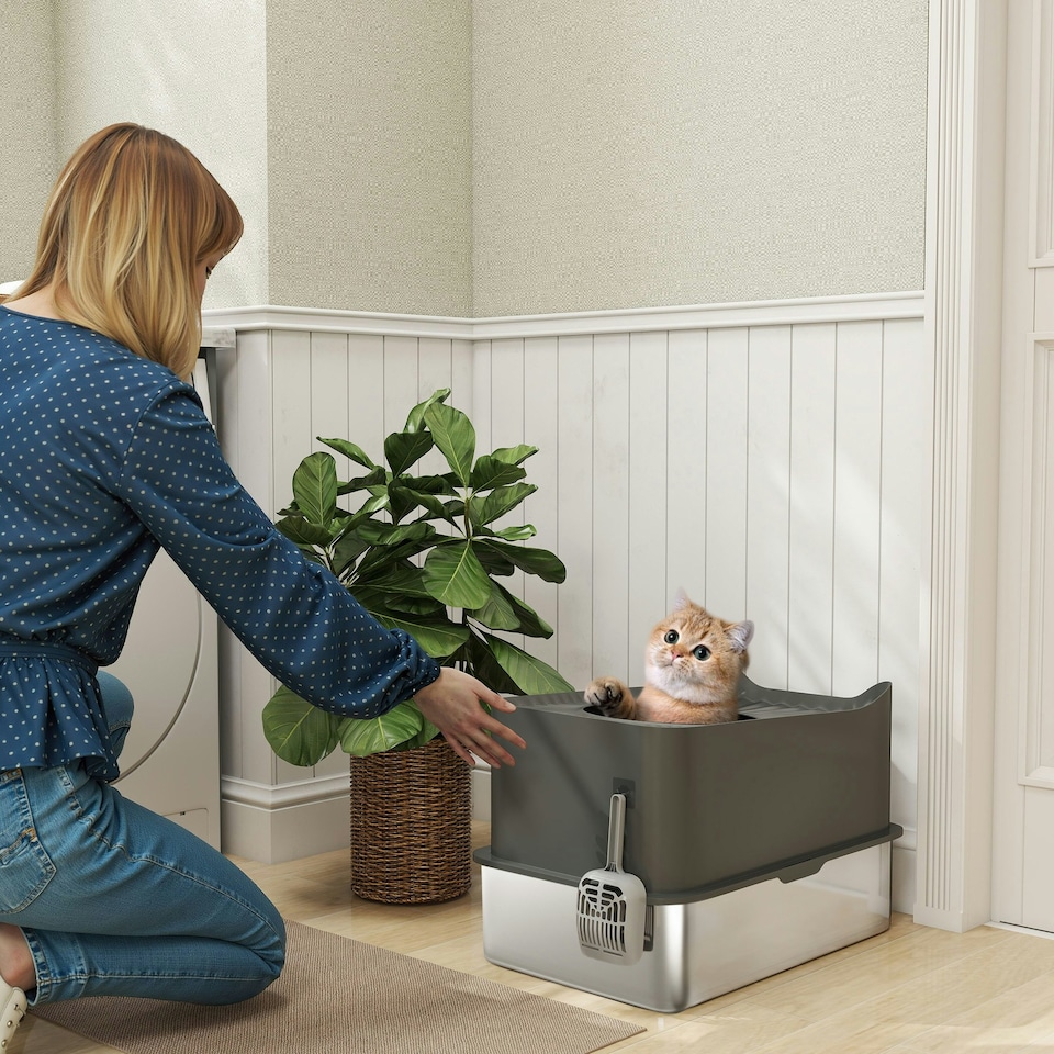 image 1 of PawHut Stainless Steel Cat Litter Box, Enclosed Metal Litter Tray, Dark Grey Grey | One Size