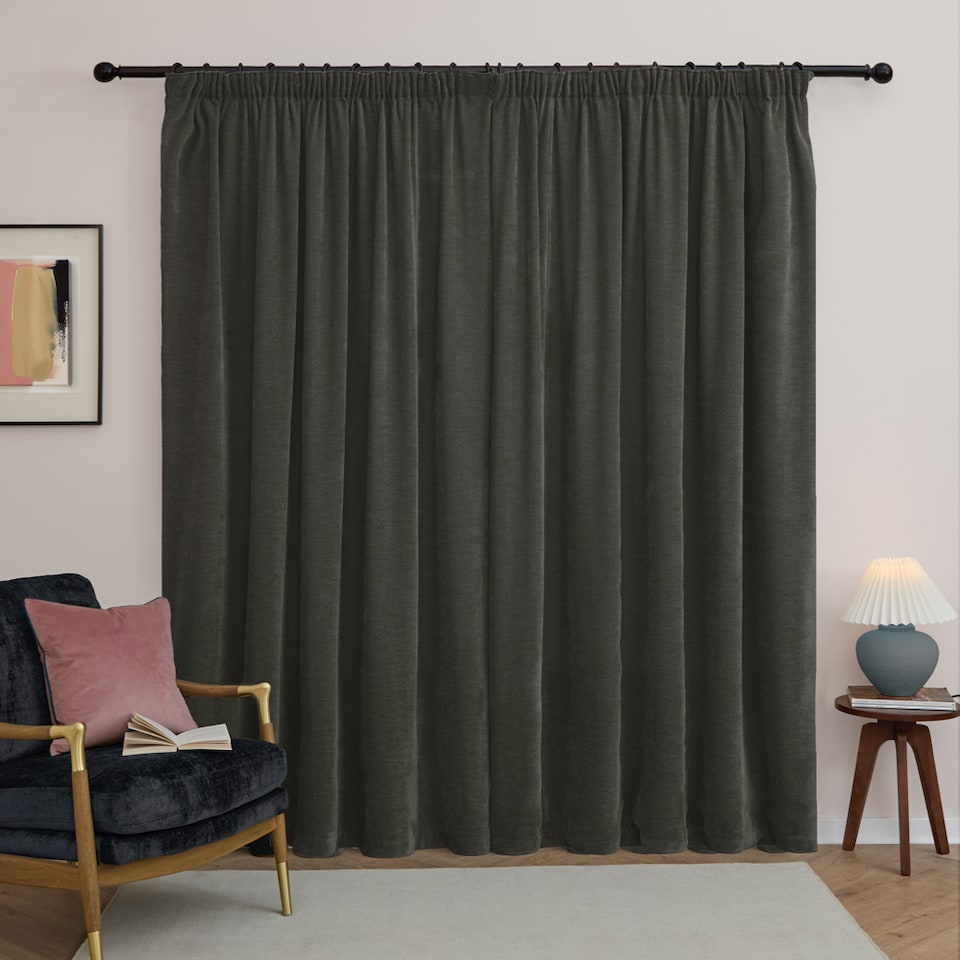 image 1 of Furn Soft Chenille Blackout Pencil Pleat Curtain Pair, 117cm width x 137cm drop | Grey | Charcoal | (W) 117cm x (L) 137cm | 1