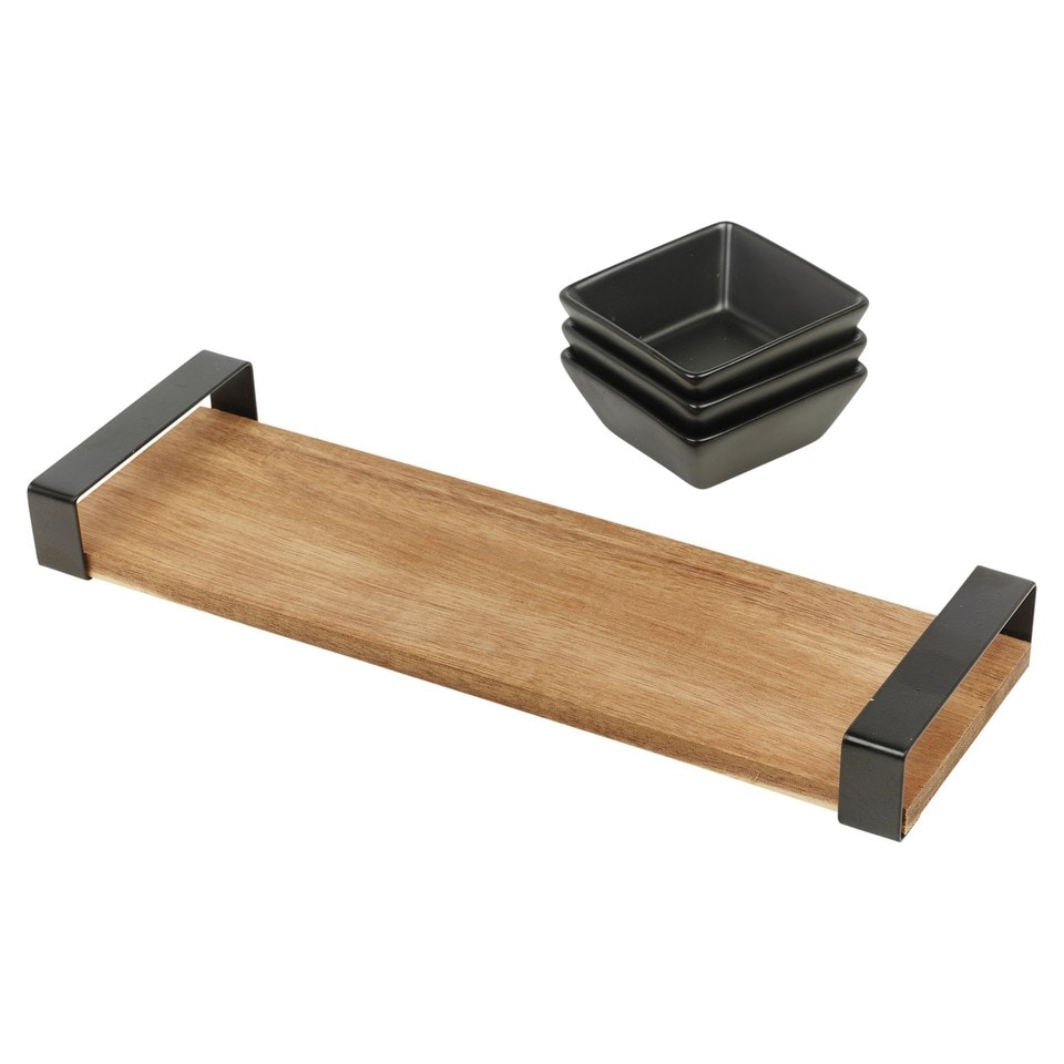 image 1 of 4 Pcs Serving Set Black Ceramic Snack Dips Tapas Bowls Dishes Acacia Wood Board