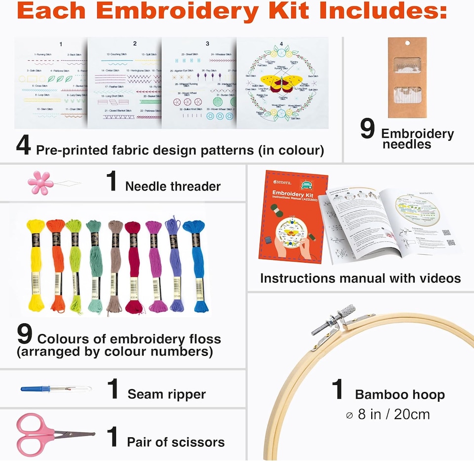 image 1 of Beginner Embroidery Kit (4 Pack) Learn 33 Stitches with Easy DIY Video Tutorials, Coloured Design Patterns, Thread Floss, Cross Stitch Hoop, Gift (AZD200)