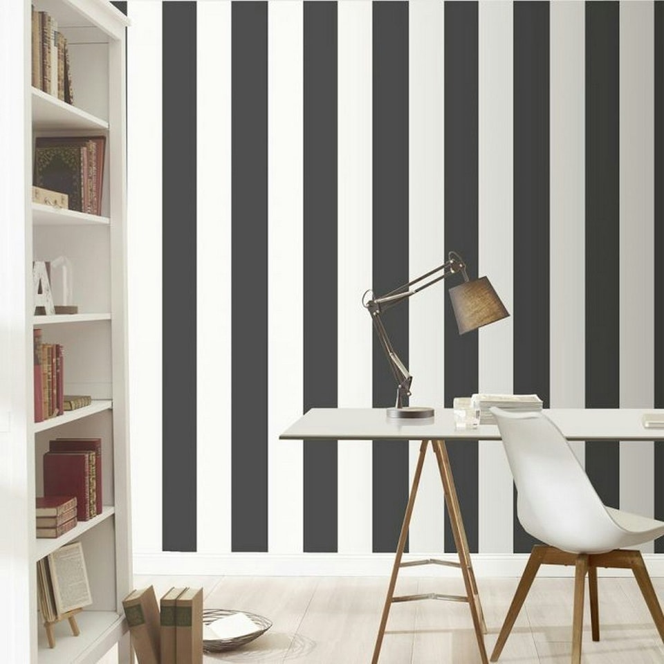 image 1 of Rasch Stripe Textured Wallpaper - Black/White - 32.8ft x 21in | Black