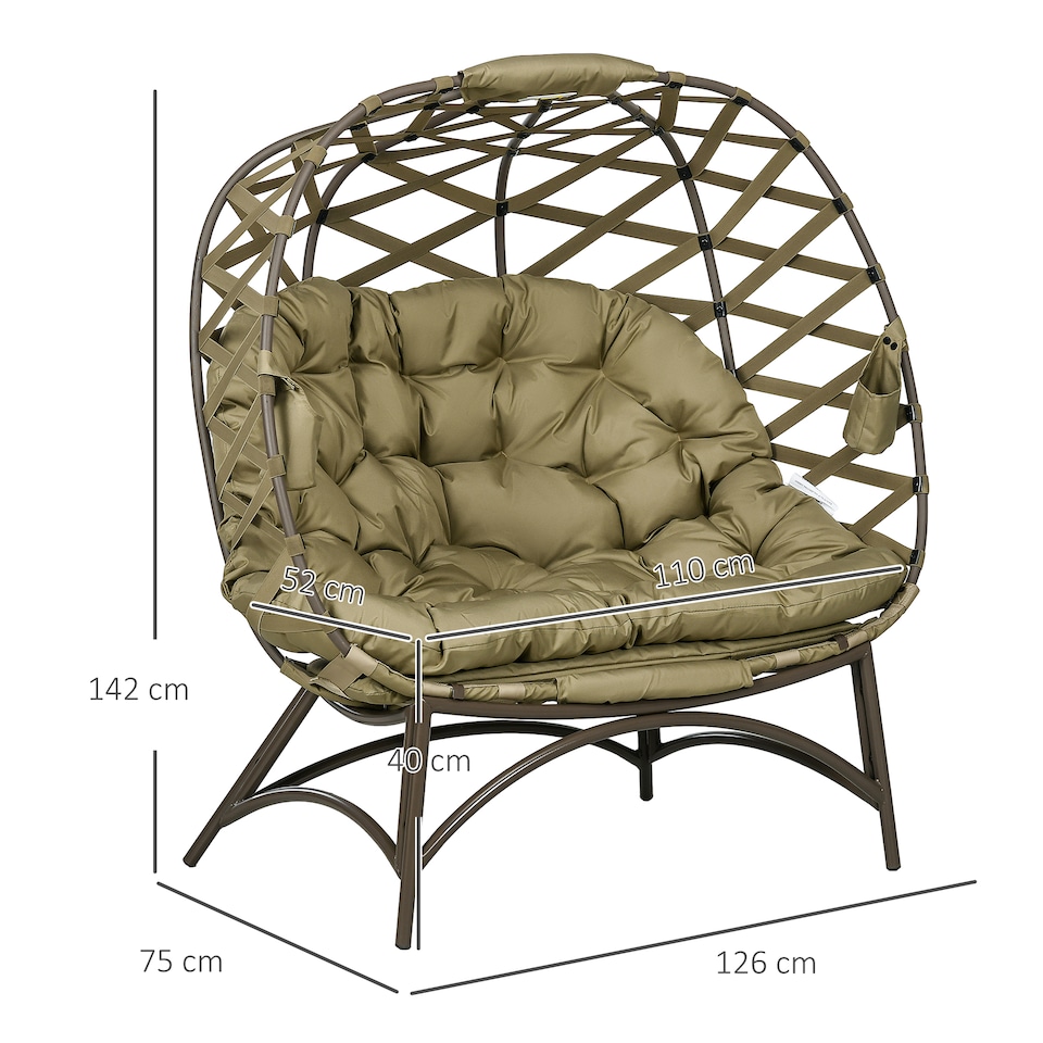 image 1 of Outsunny Egg Chair Outdoor, 2 Seater Folding Weave Garden Furniture Chair with Cushion, Cup Pockets for Patio Balcony - Khaki