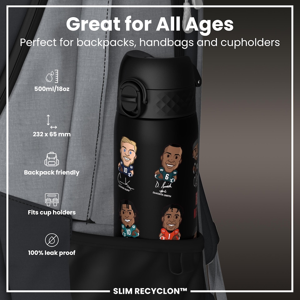 image 1 of Leak Proof Slim Water Bottle, BPA Free, NFL, 500ml (18oz) | Black | NFLPA Wide Receivers | One Size