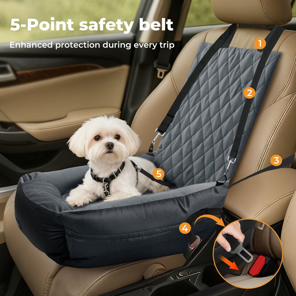 image 1 of Skylos Dog Booster Car Seat Travel Carrier Plush Bed Basket Portable Pet Grey