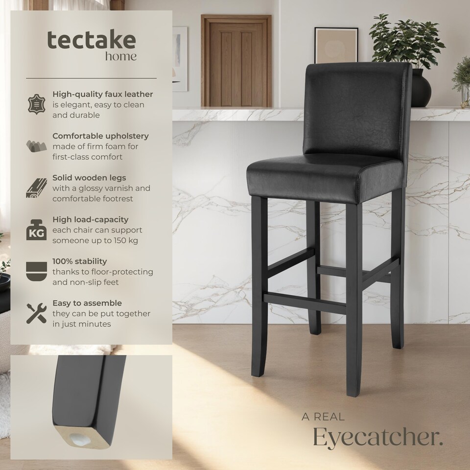 image 1 of Bar Stools with a padded backrest and faux leather cover | Black | black | 41 x 40 x 107 cm | 4