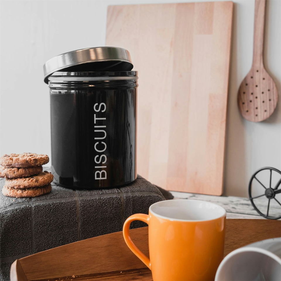 image 1 of Harbour Housewares Black Round Metal Kitchen Biscuit Tin Kitchen Caddy Kitchen Storage Containers Bin Canister