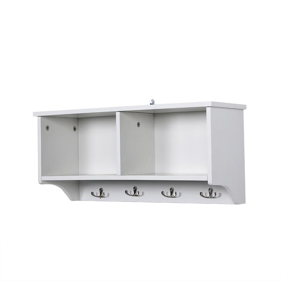 image 1 of Coat Hook Wall Mounted Unit 2 Open Shelves 4 Robe Hooks Bathroom Hallway | White