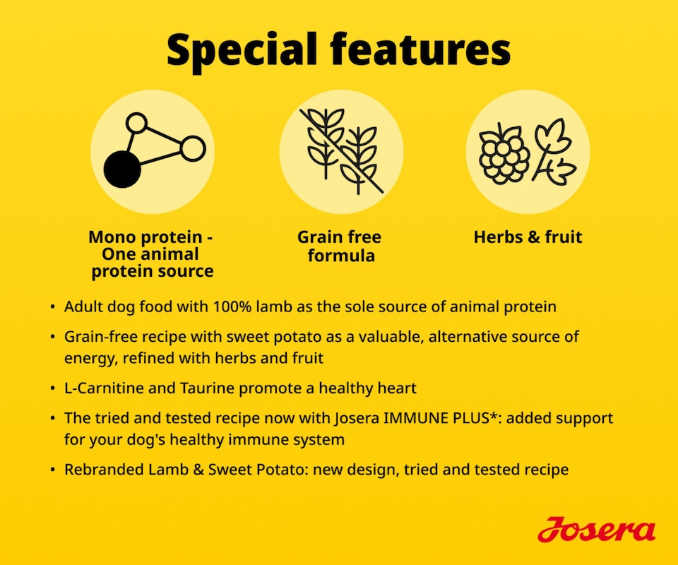 image 1 of Josera Adult Lamb & Sweet Potato complete dry food | All breed sizes | Grain-free | Single animal protein | Immune Plus | Herbs & fruits | 3x3kg