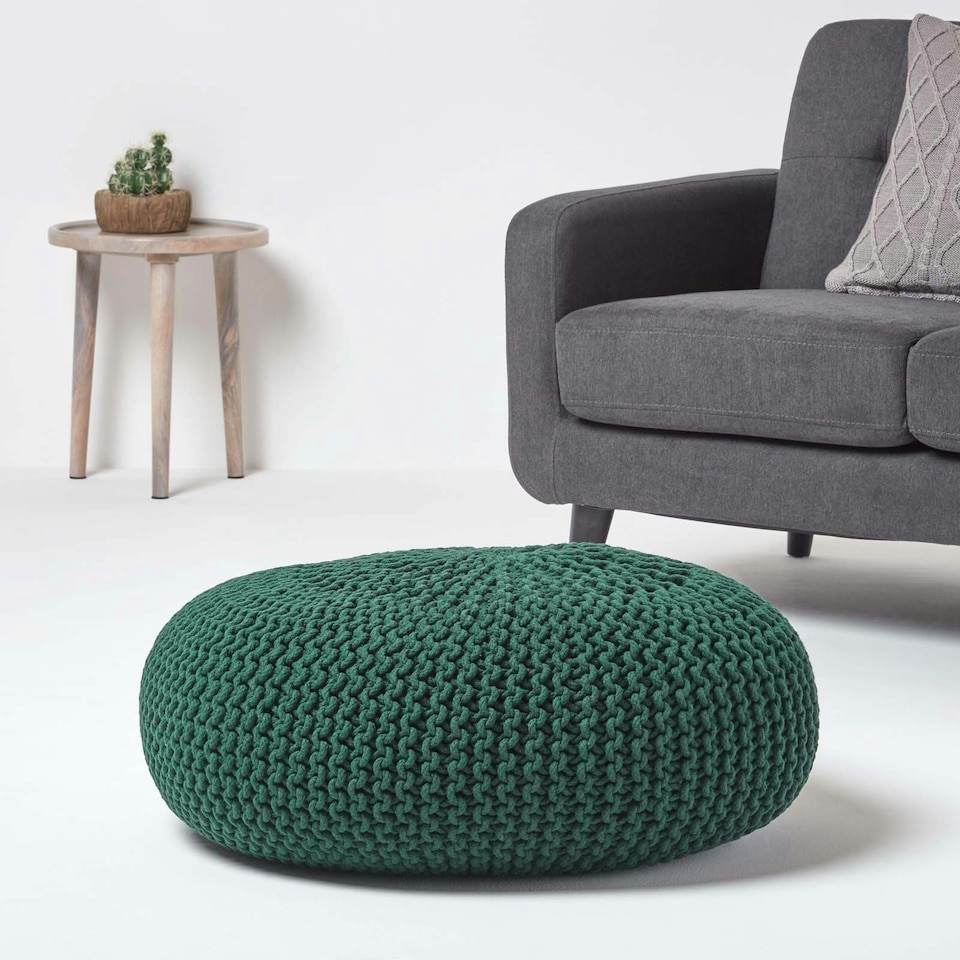 image 1 of Homescapes Forest Green Large Round Cotton Knitted Pouffe Footstool