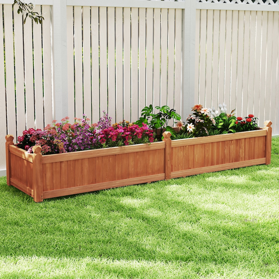 image 1 of COSTWAY Wood Raised Garden Bed Large Planter Box w/Divider-Brown