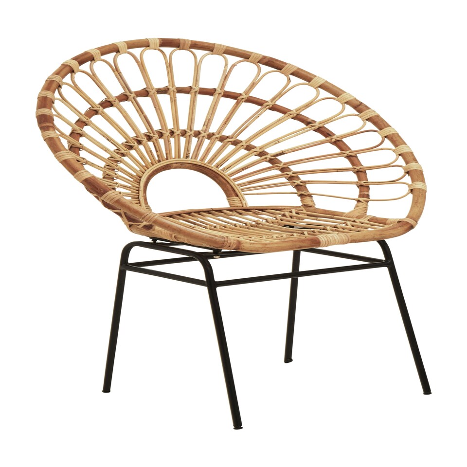 image 1 of Interiors by Premier Brown Natural Rattan Sunflower Back Chair with Black Metal Legs, Hand Woven Rattan Dining Chair Brown