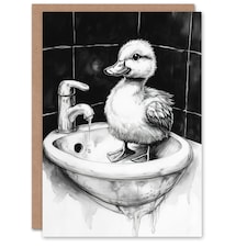 Cute Duckling Sink Bath Time Black White Drawing Birthday Greeting Card