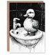 image 1 of Cute Duckling Sink Bath Time Black White Drawing Birthday Greeting Card