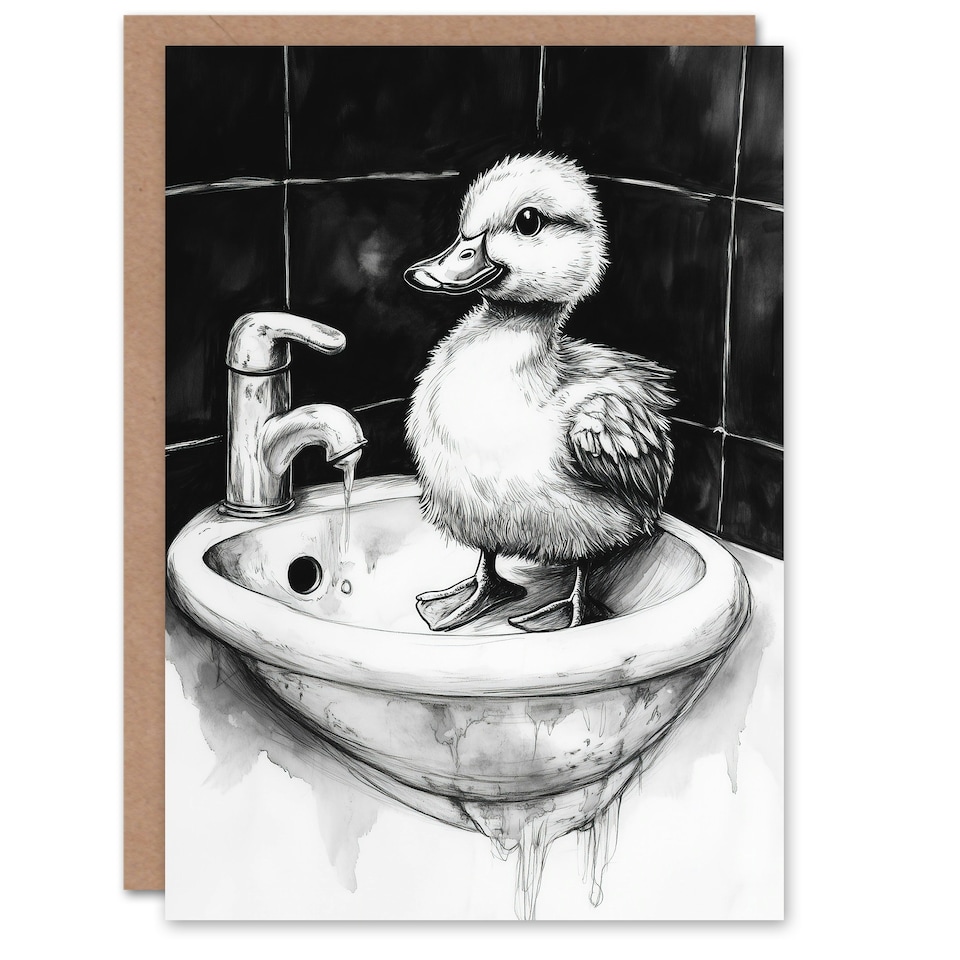 image 1 of Cute Duckling Sink Bath Time Black White Drawing Birthday Greeting Card