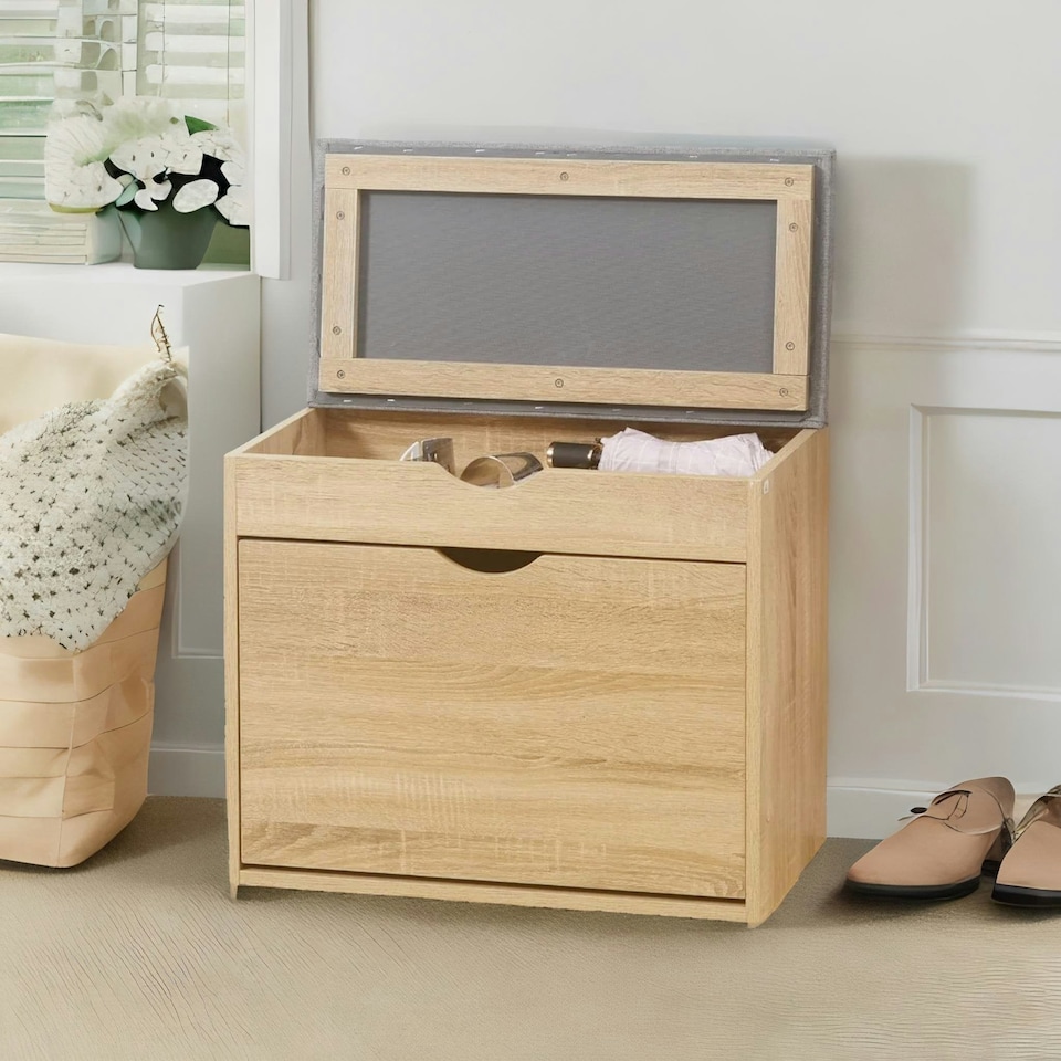 image 1 of Shoe Storage Bench With Cushioned Seat and Hidden Storage Natural Brown Brown