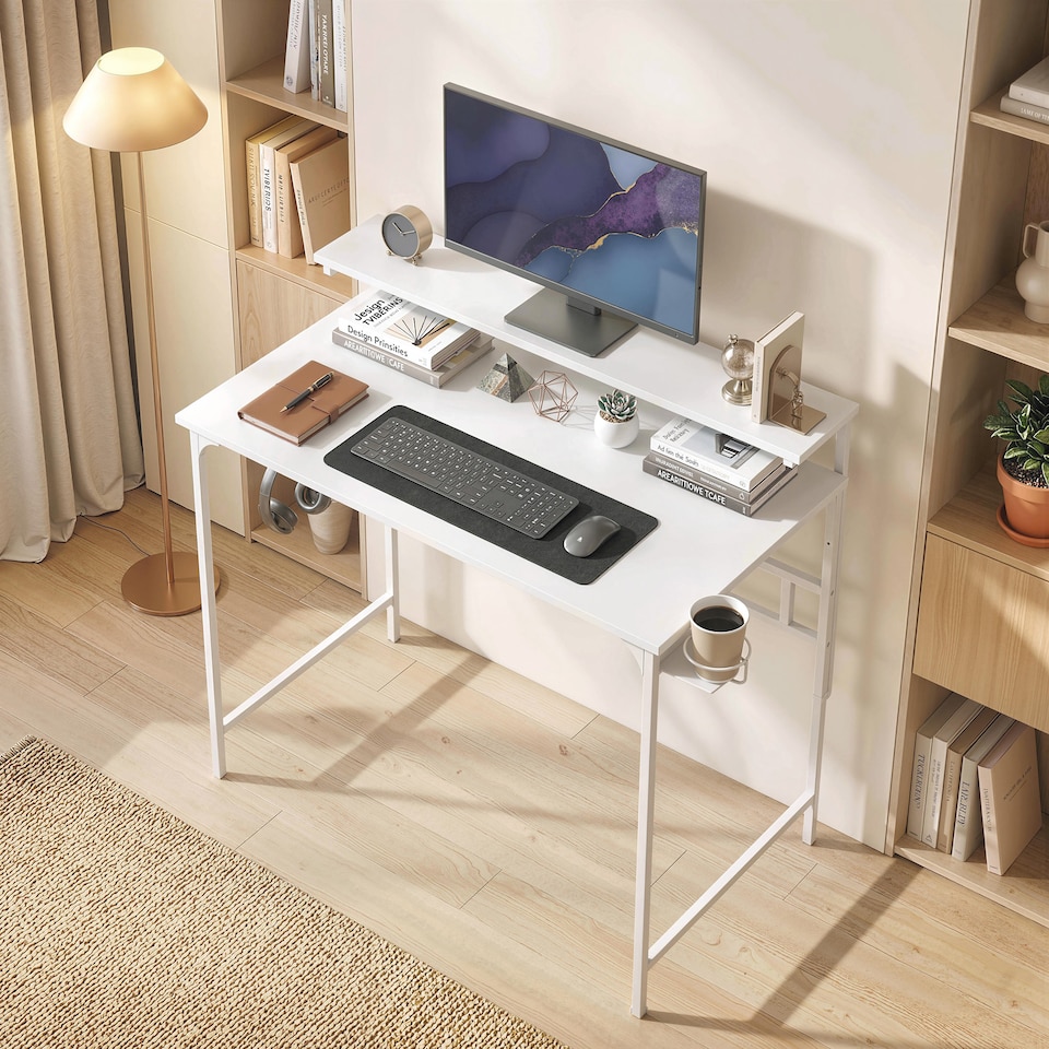 image 1 of HOMCOM Computer Desk, 80cm Home Office Study Table with Hutch Shelf | White | White | 80W x 50D x 121.7H cm