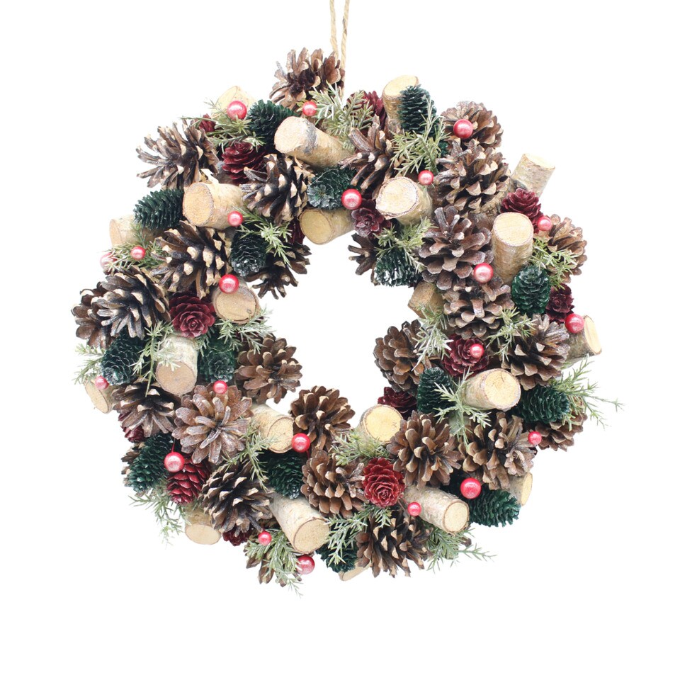 image 1 of Christmas Wreath Festive Decoration with Jute Hanger Traditional Pinecone Decor | Multi | Red, Green & Wood | 34cm | 1