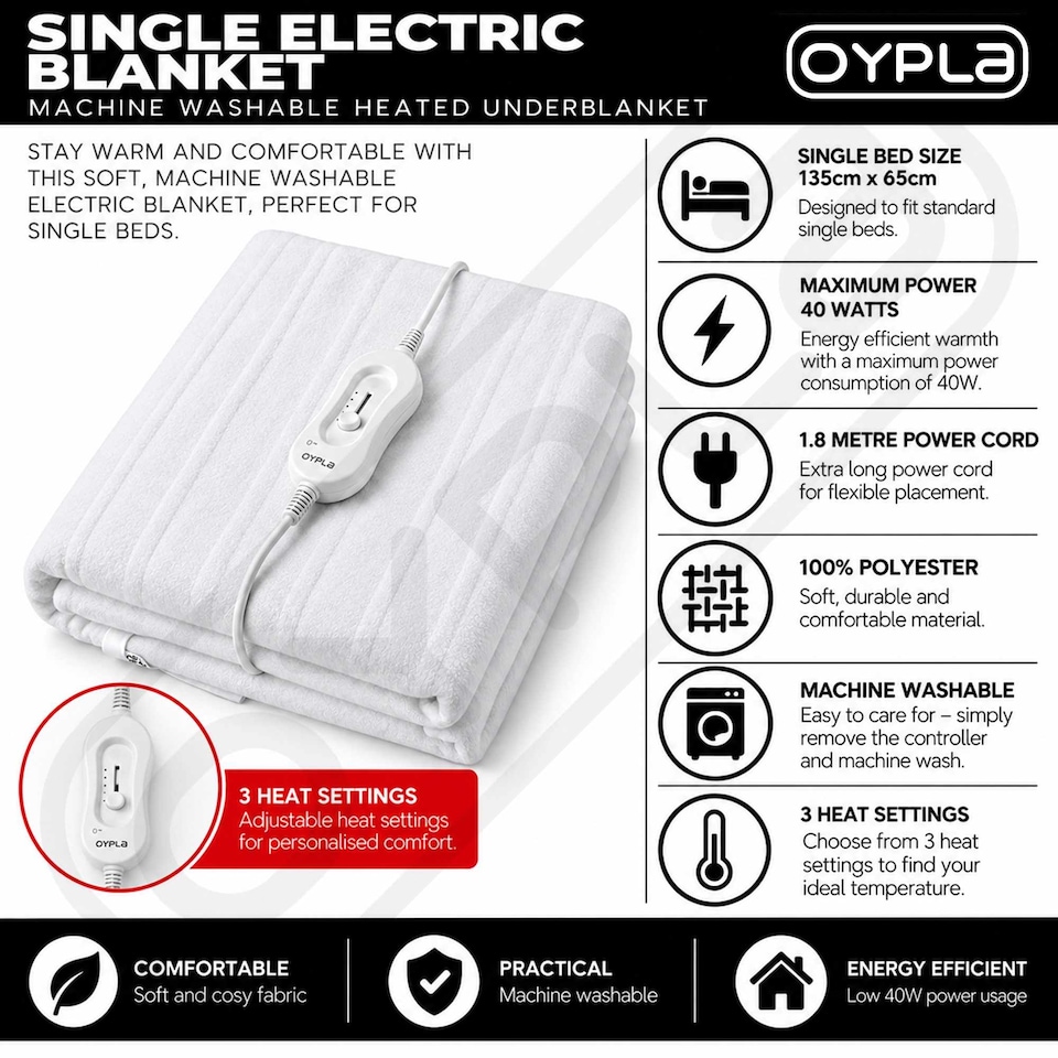 image 1 of Machine Washable Single Electric Blanket Heated Underblanket 3 Heat Settings